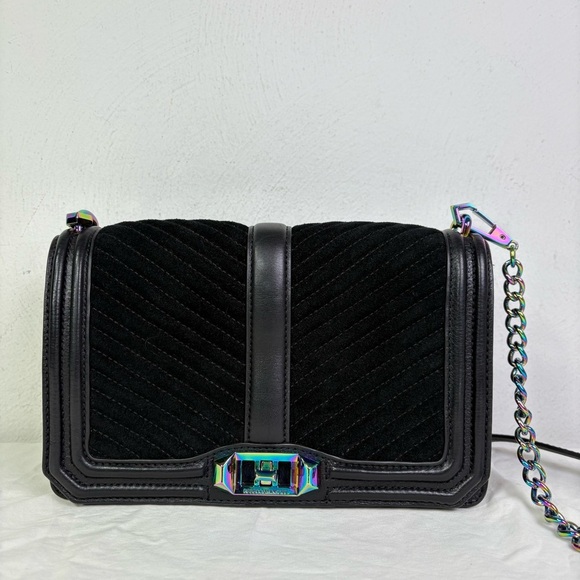 Rebecca Minkoff Oil Slick Suede Iridescent Love Chevron Quilted Crossbody Bag - Picture 16 of 16
